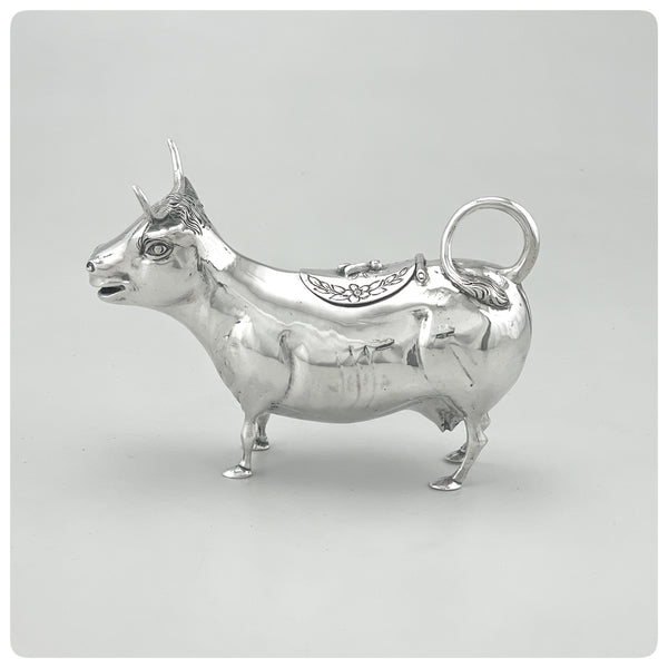 Facing left, German 800/1000 Solid Silver Cow Creamer, After 1888 - The Silver Vault of Charleston